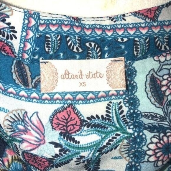 Patchwork Mini Dress Size XS Tunic Tassles Blue Print Long Sleeves Boho Cottage - Picture 2 of 6